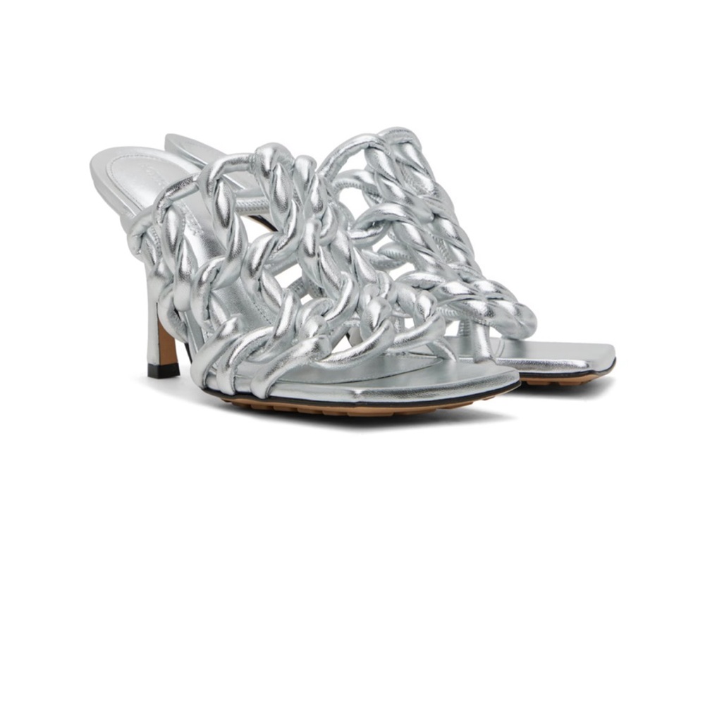 Bottega Veneta Silver Heeled Mules with Textured Design